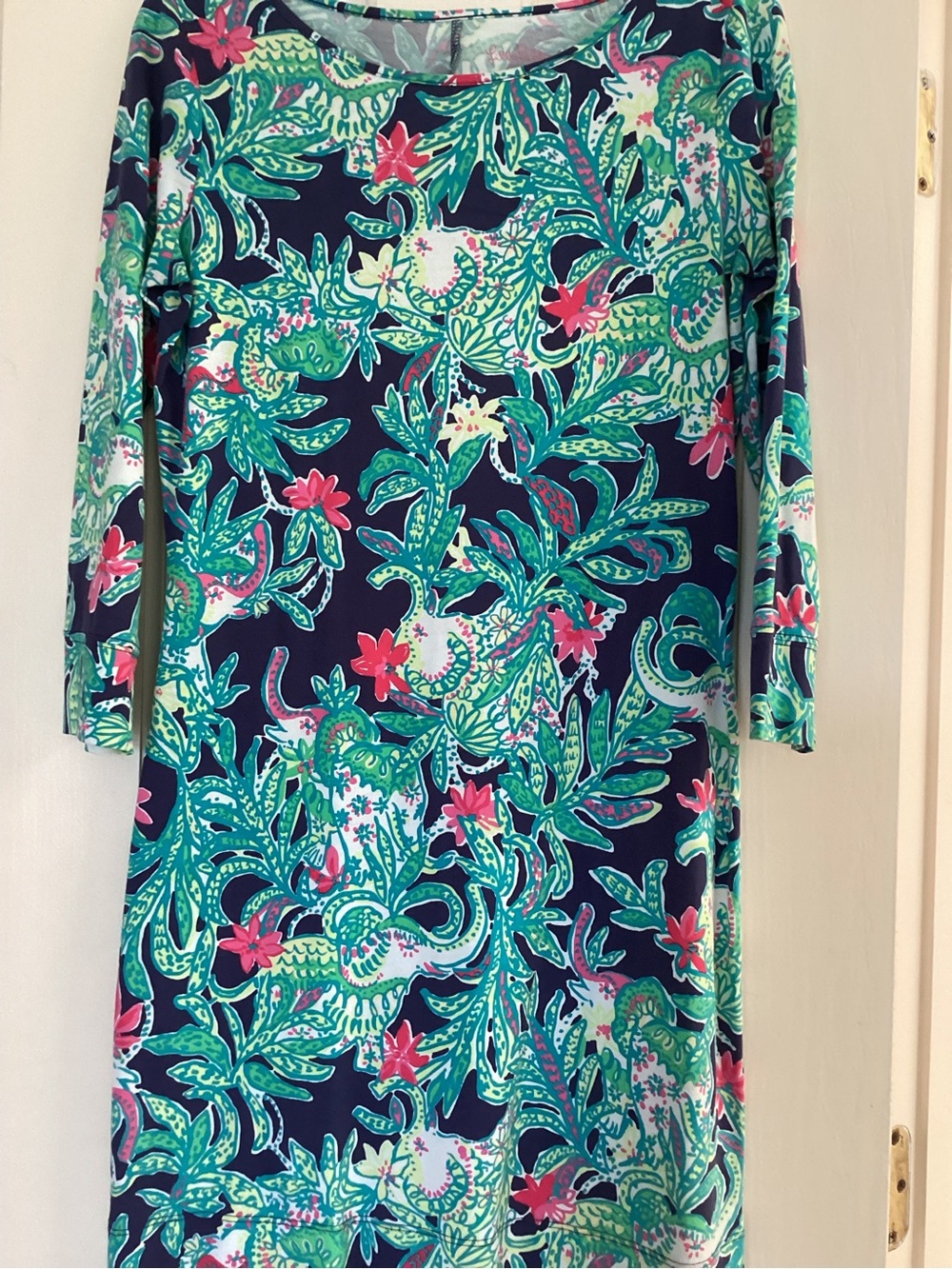 Women’s Lilly Pulitzer Navy Floral-Print Dress 3/4 Sleeve summer vacation party